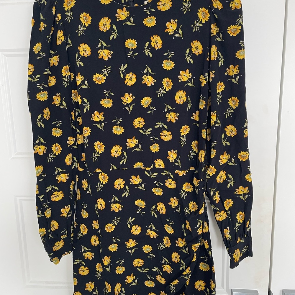 Sezane Black Long-Sleeve Dress with Yellow Floral Print